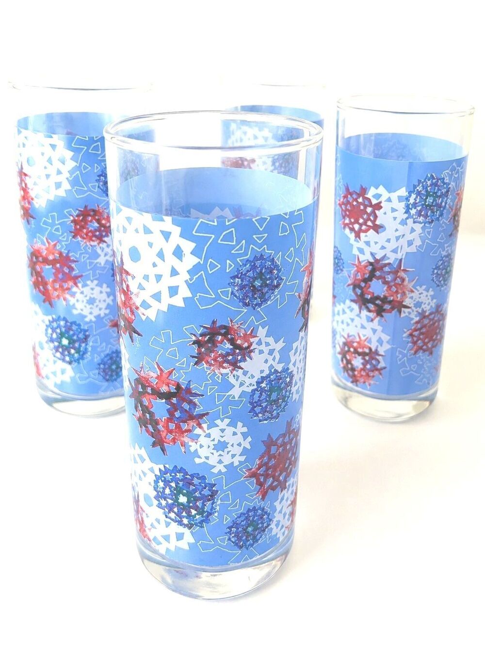 Vintage Snowflake Highball Glasses Set of 4 Red White Blue Ocean Thailand Brand